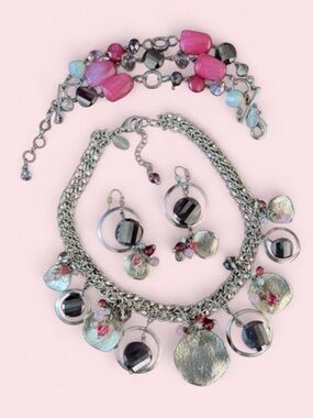 White House Black Market - Clear, Silver, Gunmetal and Pink 3 Piece Jewelry Set